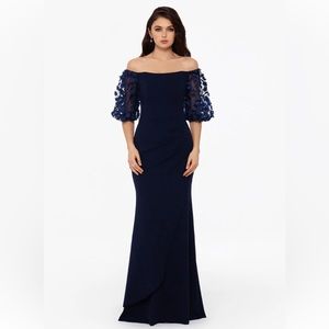 Melanie Off-the-Shoulder Flower Sleeve Crepe Gown